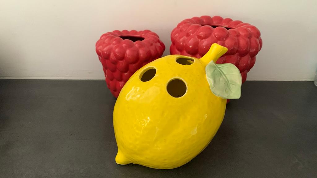 Drie vaasjes Citroen aardbei DK zgan, Ophalen, Zo goed als nieuw, Glas, Minder dan 50 cm