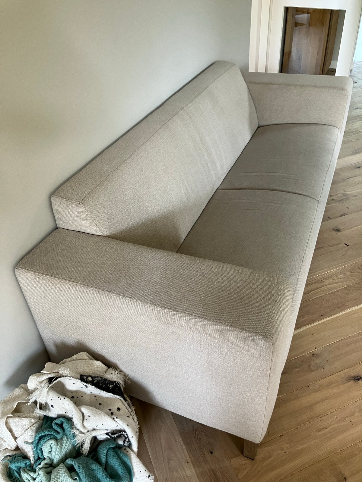 Montel bank en stoel - Beige stof, Ophalen, Gebruikt, Stof