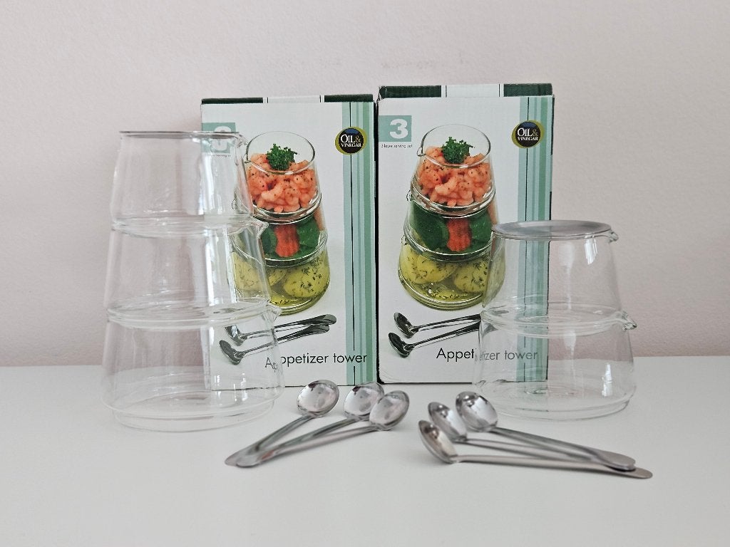 2x Oil & Vinegar Appetizer tower 3-lagen serveerset, Huis en Inrichting, Nieuw, Ophalen of Verzenden, Overige stijlen, Glas
