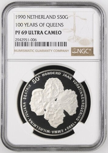 Nederland 1990 50 Gulden 100 Jaar Zilver NGC, Verzenden, Koningin Beatrix, Zilver, Losse munt