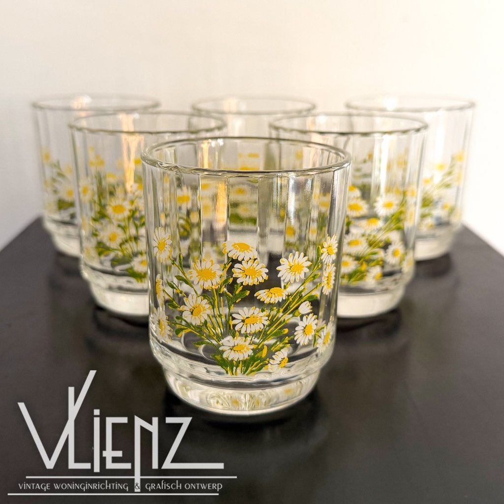 6 vintage sap glazen bloemetjes, madeliefjes, daisy, Waterglas, -, -, Ophalen of Verzenden