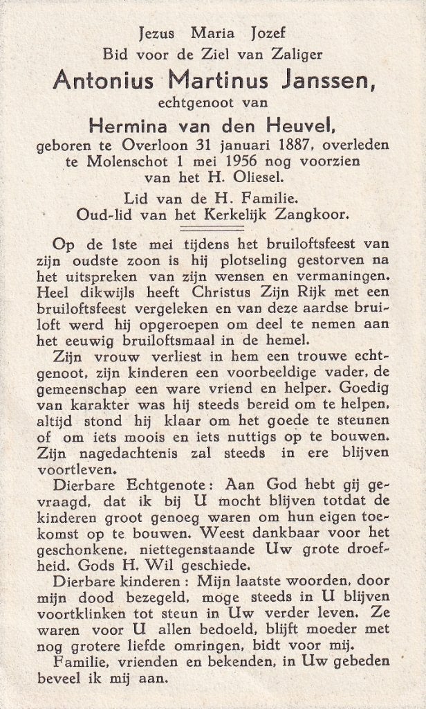 Janssen Antonius 1887 Overloon 1956 Molenschot, Ophalen of Verzenden, Bidprentje