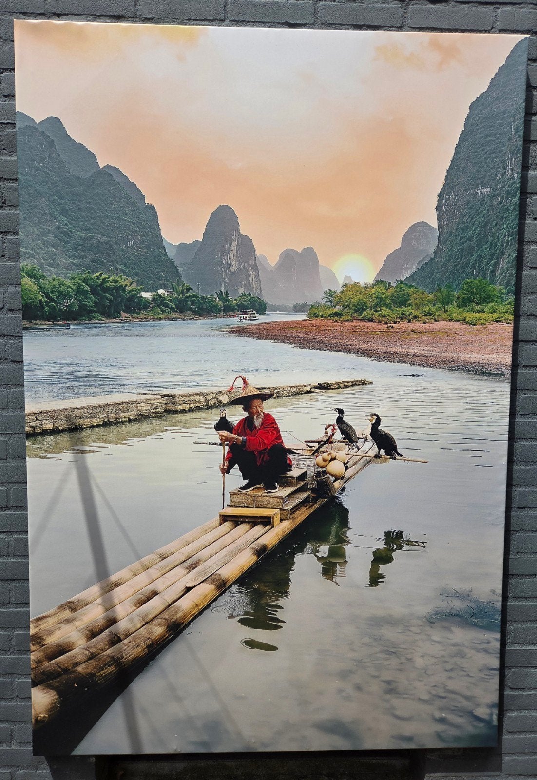 Grote Tuinposter Canvas Chinese Visser met Aalscholvers, Nieuw, Ophalen of Verzenden, Foto of Poster, 75 cm of meer