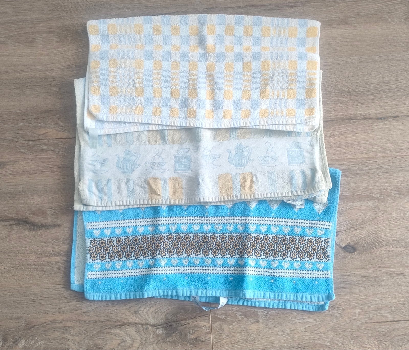 Retro blauw/gele keuken handdoeken 3 stuks, Ophalen of Verzenden, Gebruikt, Blauw, Theedoek of Handdoek