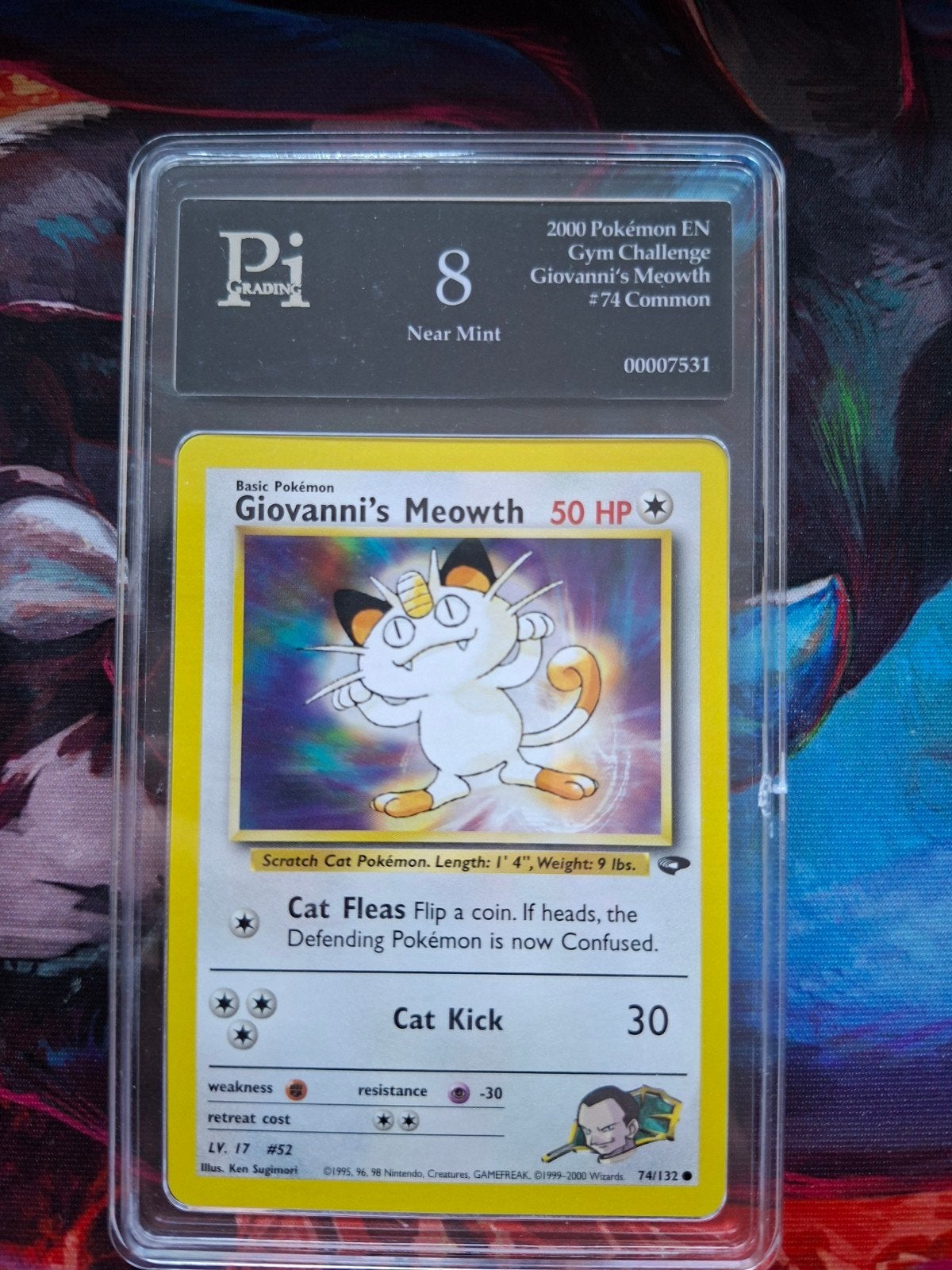Giavanni's Meowth 74 NM Pi grade 8, Ophalen of Verzenden, Zo goed als nieuw