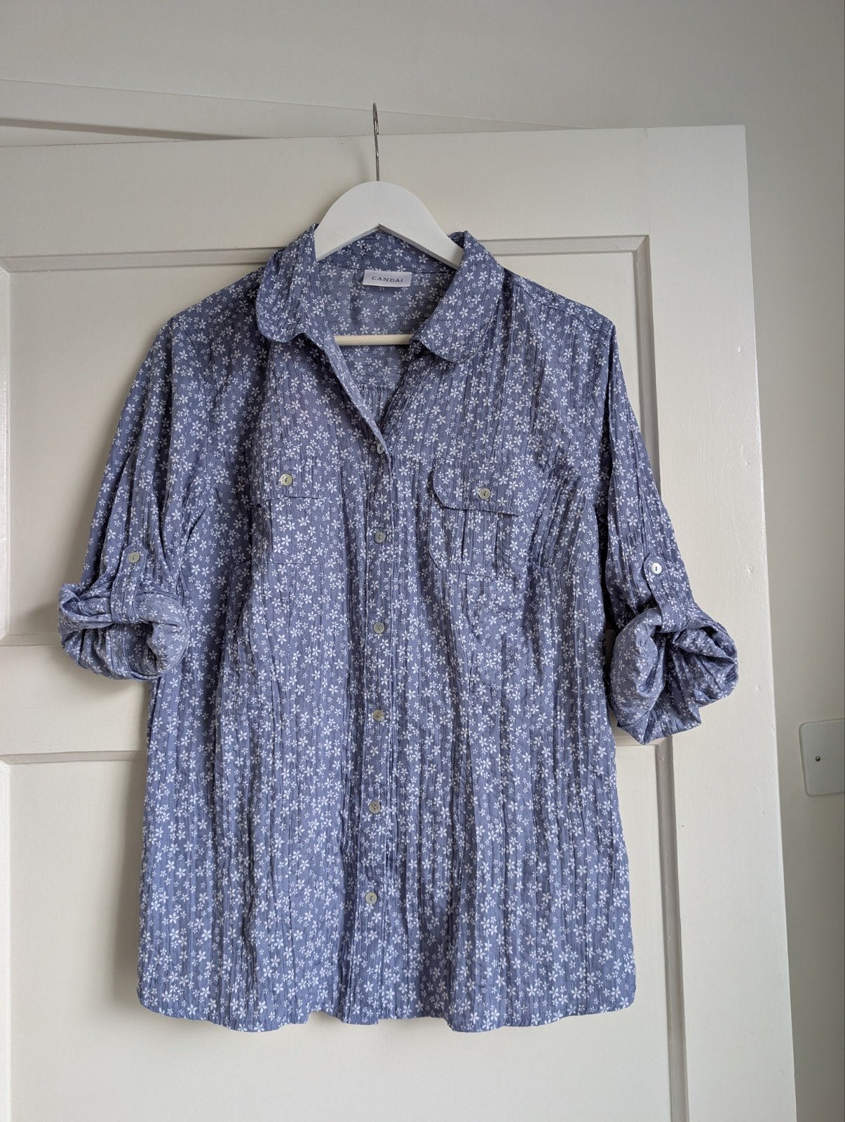 Canda blouse met bloemenprint en oprolbare mouwen, Blauw, Maat 42/44 (L), Ophalen of Verzenden, Zo goed als nieuw