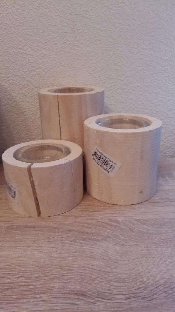 nieuw setje van 3 waxinelichthouders van hout met glaasje, Ophalen, Nieuw, Hout, Kandelaar