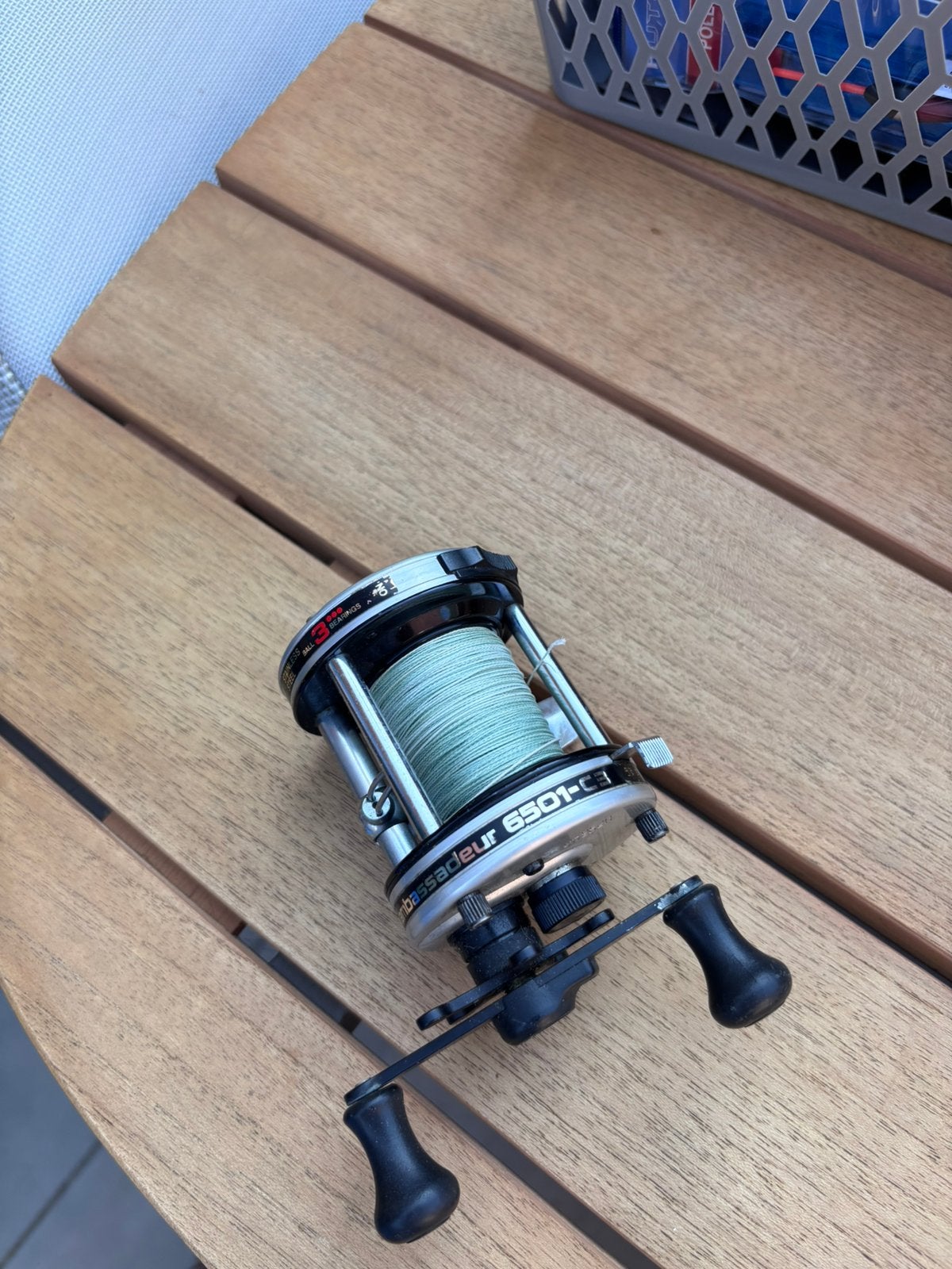Reel Abu garcia ambassadeur 6501-C3 met ratel, Watersport en Boten, Hengelsport | Roofvissen, Ophalen of Verzenden, Zo goed als nieuw