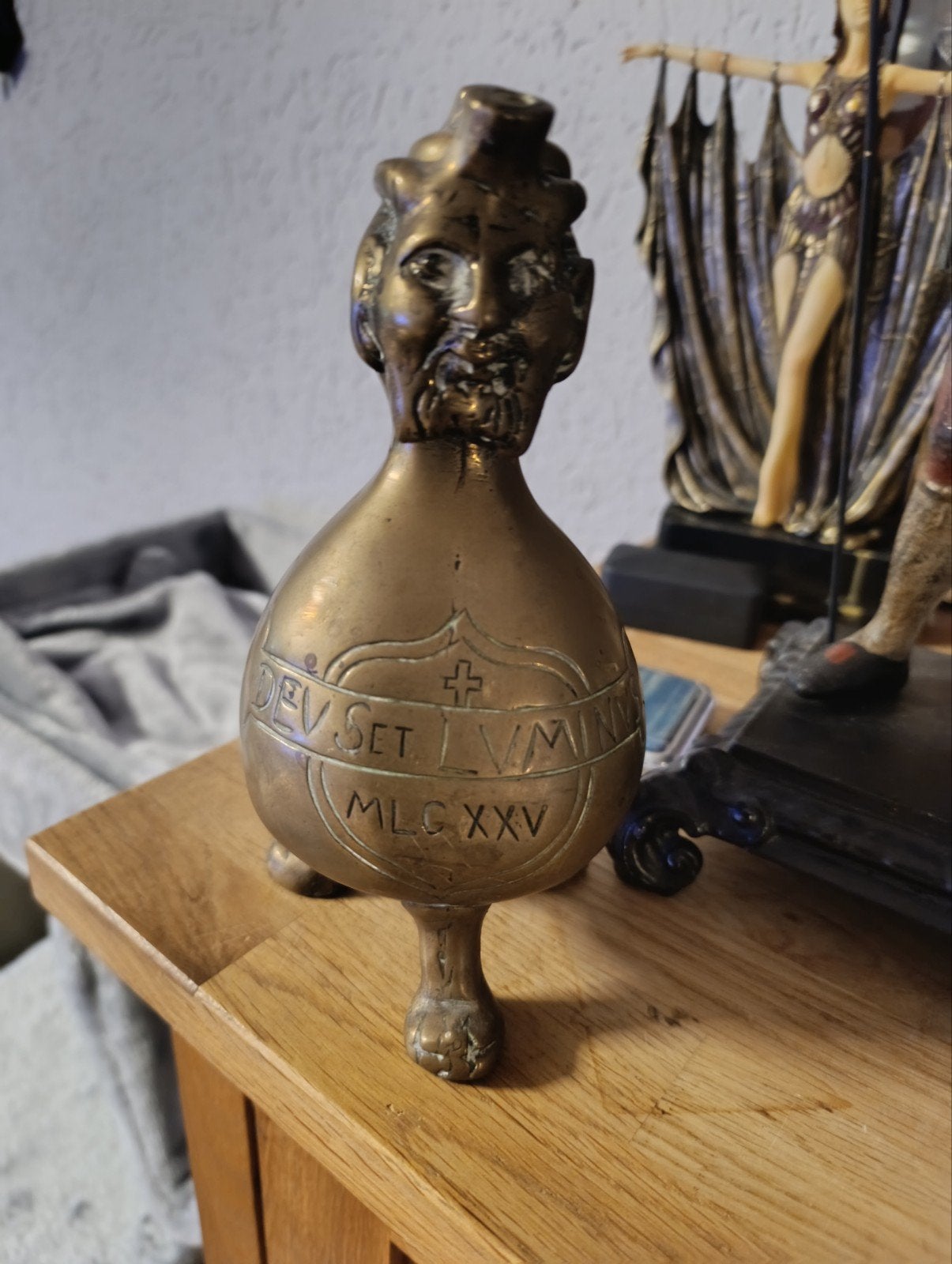 Antieke Bronzen Aquamanile - Saterkop & "DEV SET LVMEN", Ophalen of Verzenden, Brons