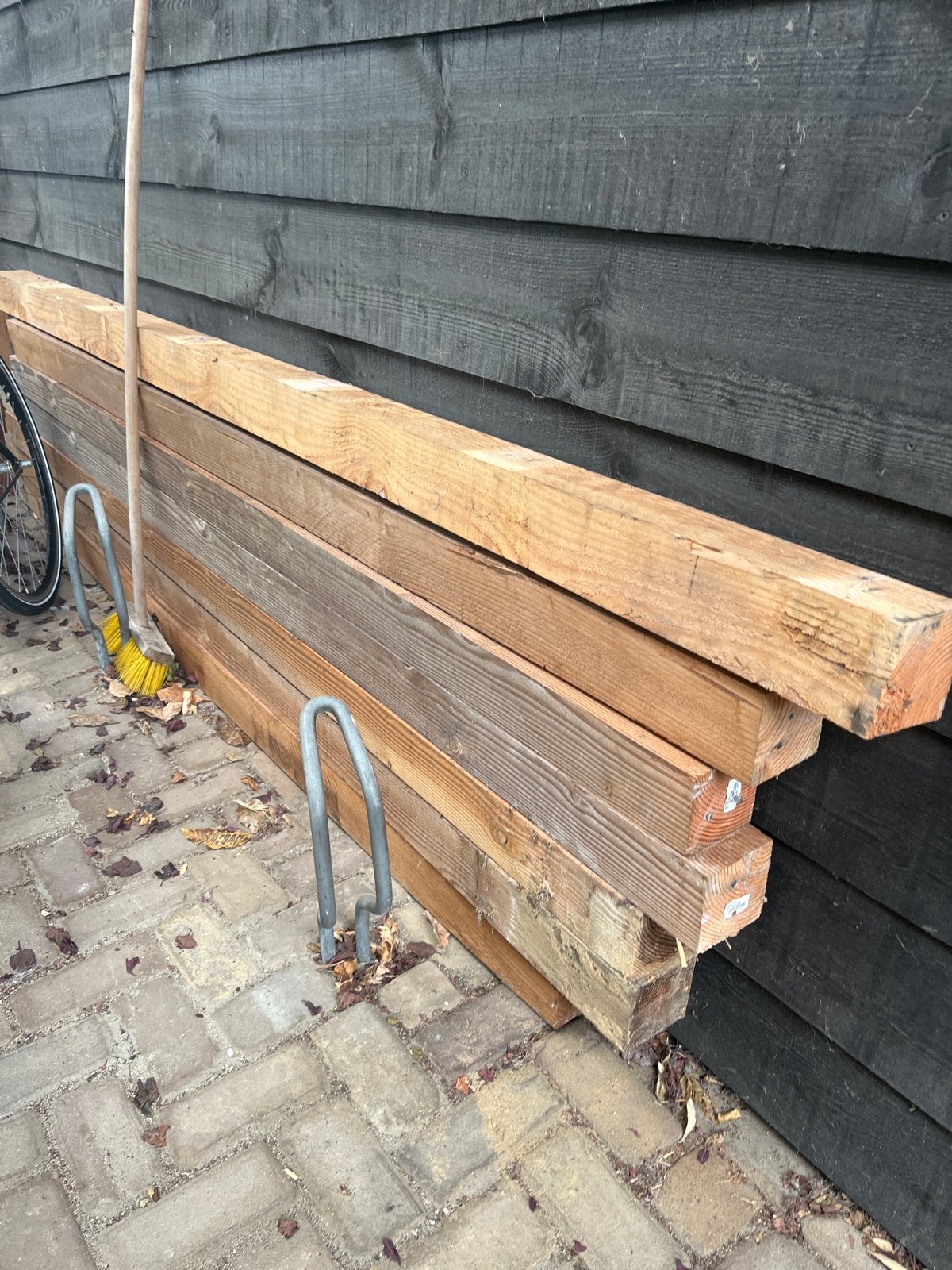 Houten douglas balken 7stuks 10x10 cm, ca. 250 cm lang, Gebruikt, Ophalen of Verzenden, 200 tot 250 cm, 50 mm of meer