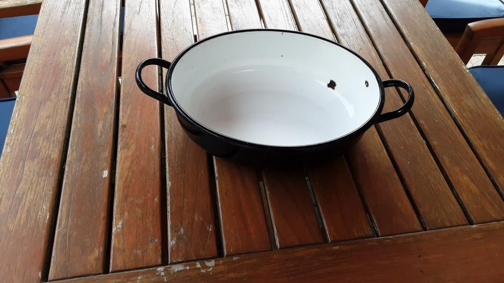 Oude ovale geëmailleerde braadslede, Antiek en Kunst, Ophalen of Verzenden