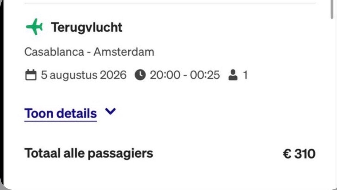VLIEG TICKET AMSTERDAM-CASABLANCA, Tickets en Kaartjes, Drie personen of meer, Trein, Met bestemming of datum