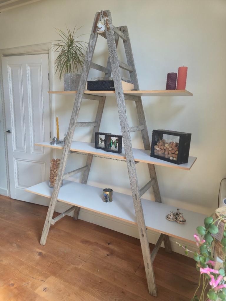 Antieke ladder met planken op maat, Huis en Inrichting, Kasten | Boekenkasten, Ophalen, Met plank(en), 200 cm of meer, 150 tot 200 cm