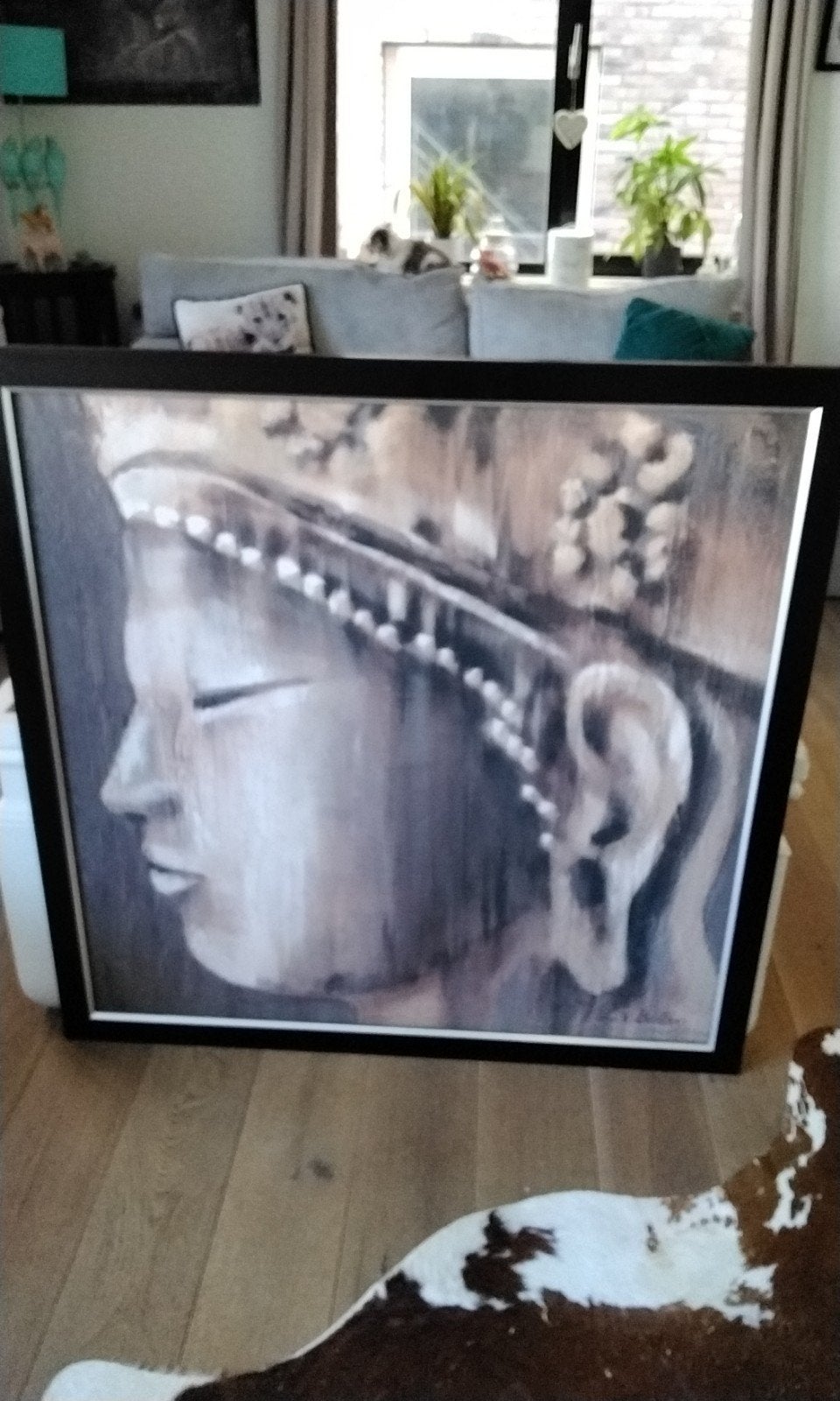 Boeddha schilderij met textuur en lijst, Ophalen of Verzenden, Expressionistisch