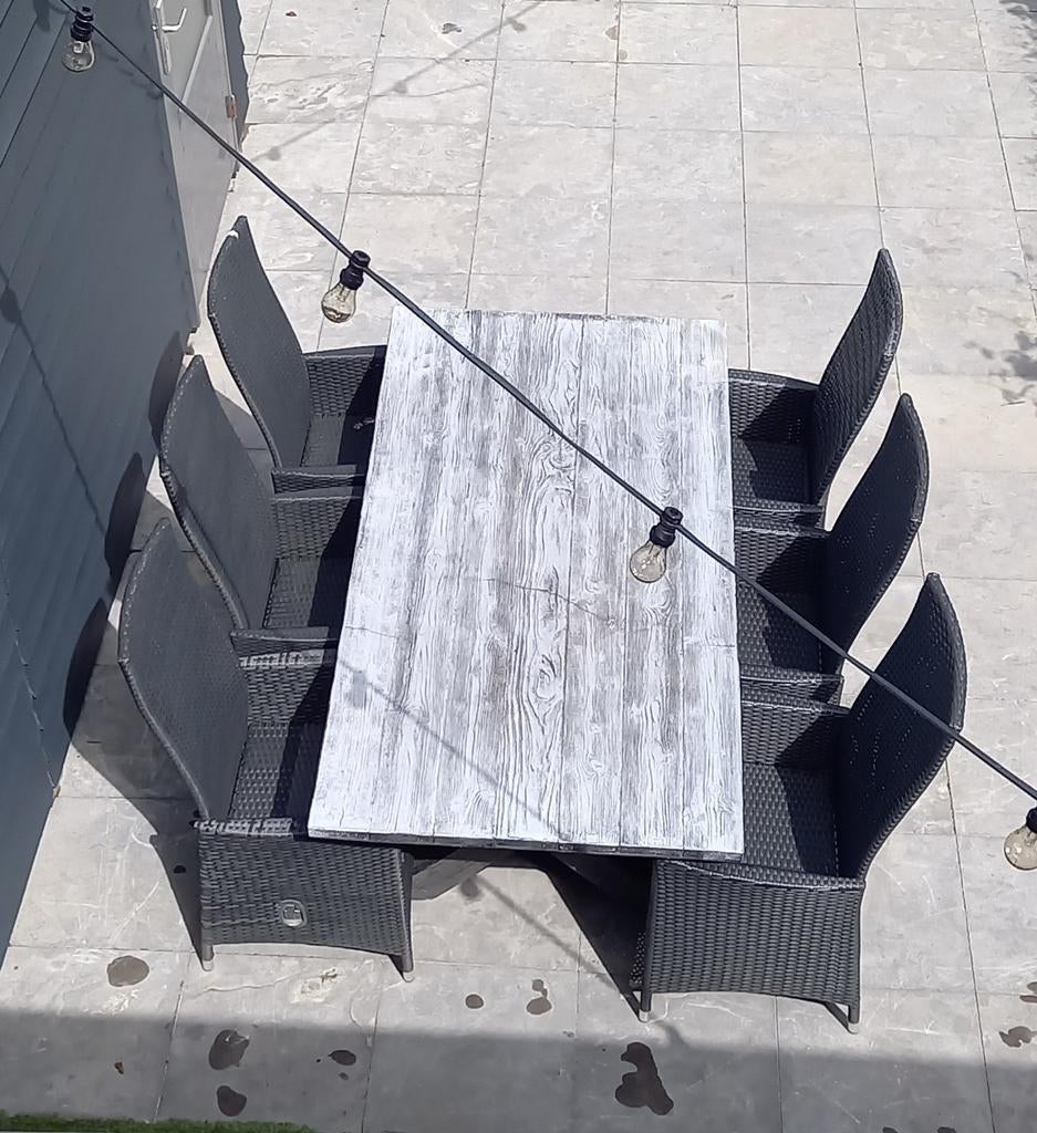 Tuintafel 200x100 cm met 6 stoelen, Ophalen, Overige materialen, Gebruikt, 6 zitplaatsen