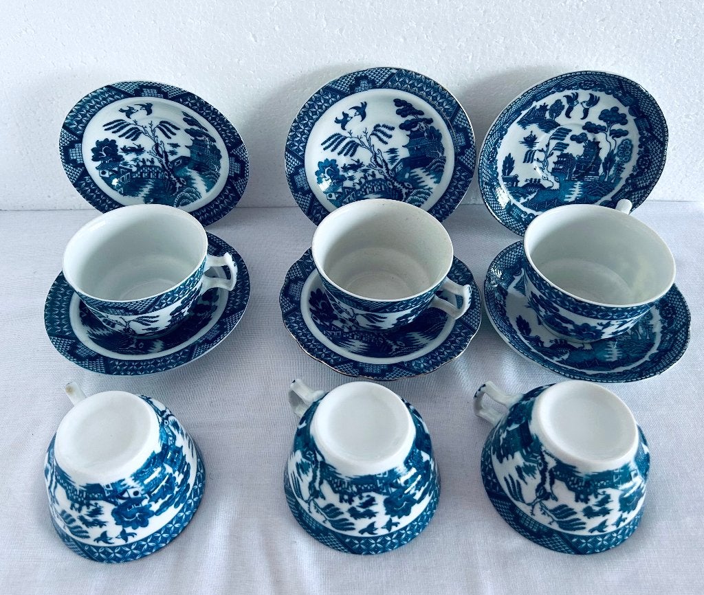 6 Antieke Blue Willow Kop & Schotels • Klassiek Blauw-Wit, Ophalen