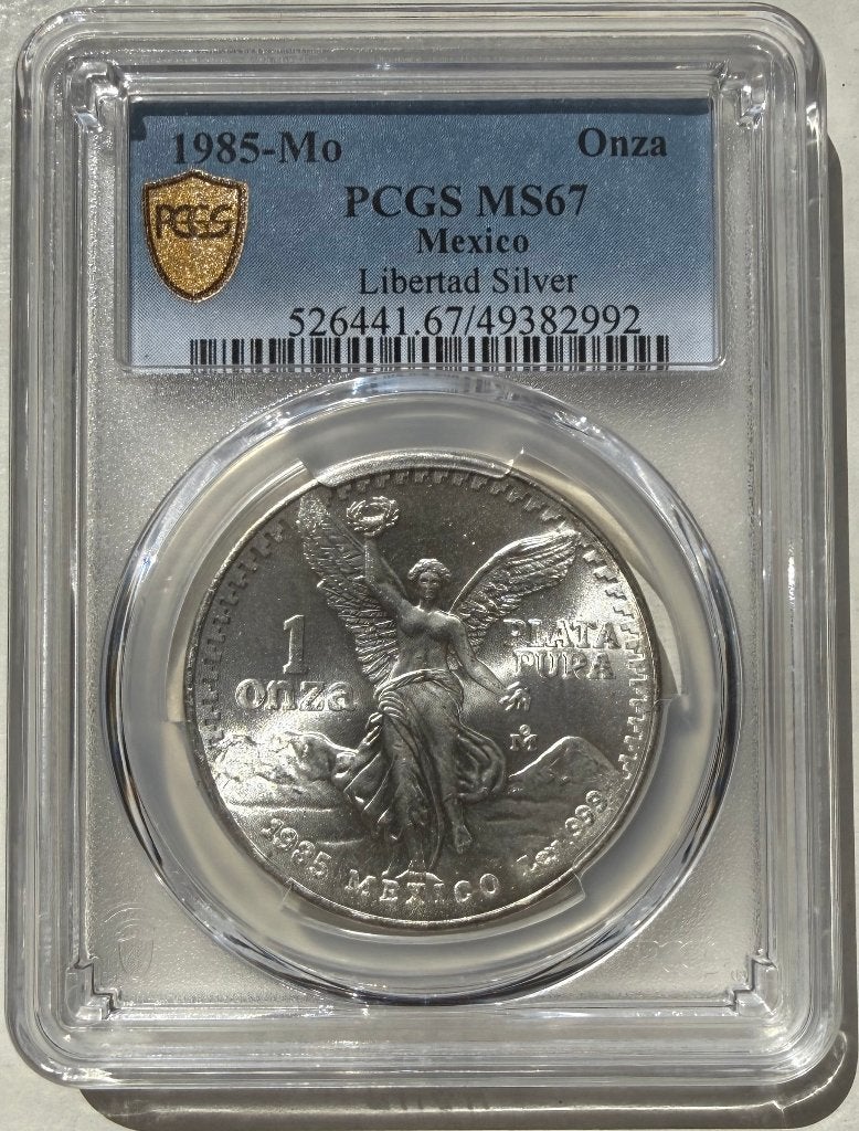 1985 Mexico Onza Libertad 1oz silver PCGS MS67 (Gold Shield), Ophalen, Zilver
