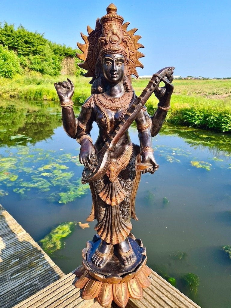 SARASVATI BEELD BRONS 81 CM (20,3 KG)!, Ophalen, Nieuw, Religie