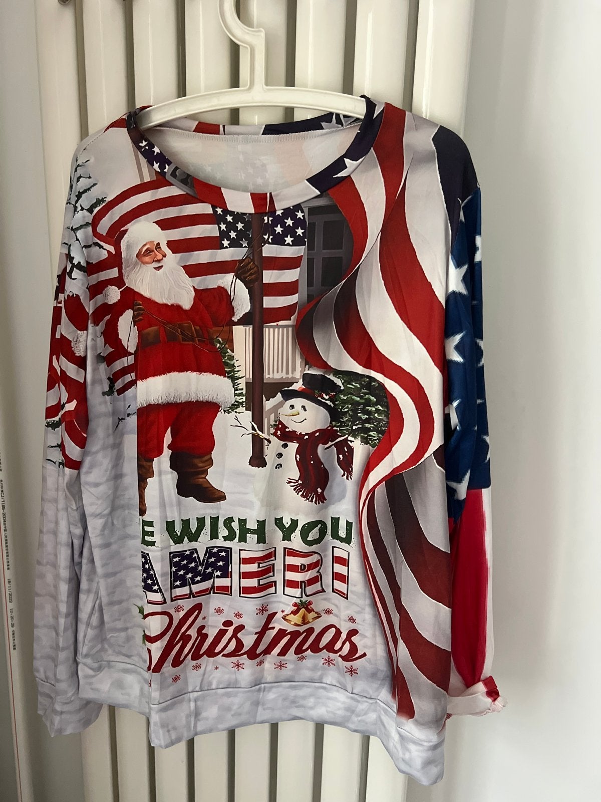 Amerikaanse Kerstblouse met Kerstman en Sneeuwpop, Maat 38/40 (M), Meerkleurig, Ophalen of Verzenden, Zo goed als nieuw