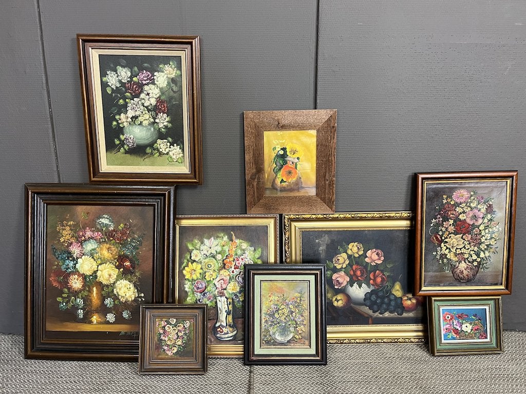 unieke collectie 9 Vintage bloemen schilderijen, Antiek en Kunst, Ophalen of Verzenden