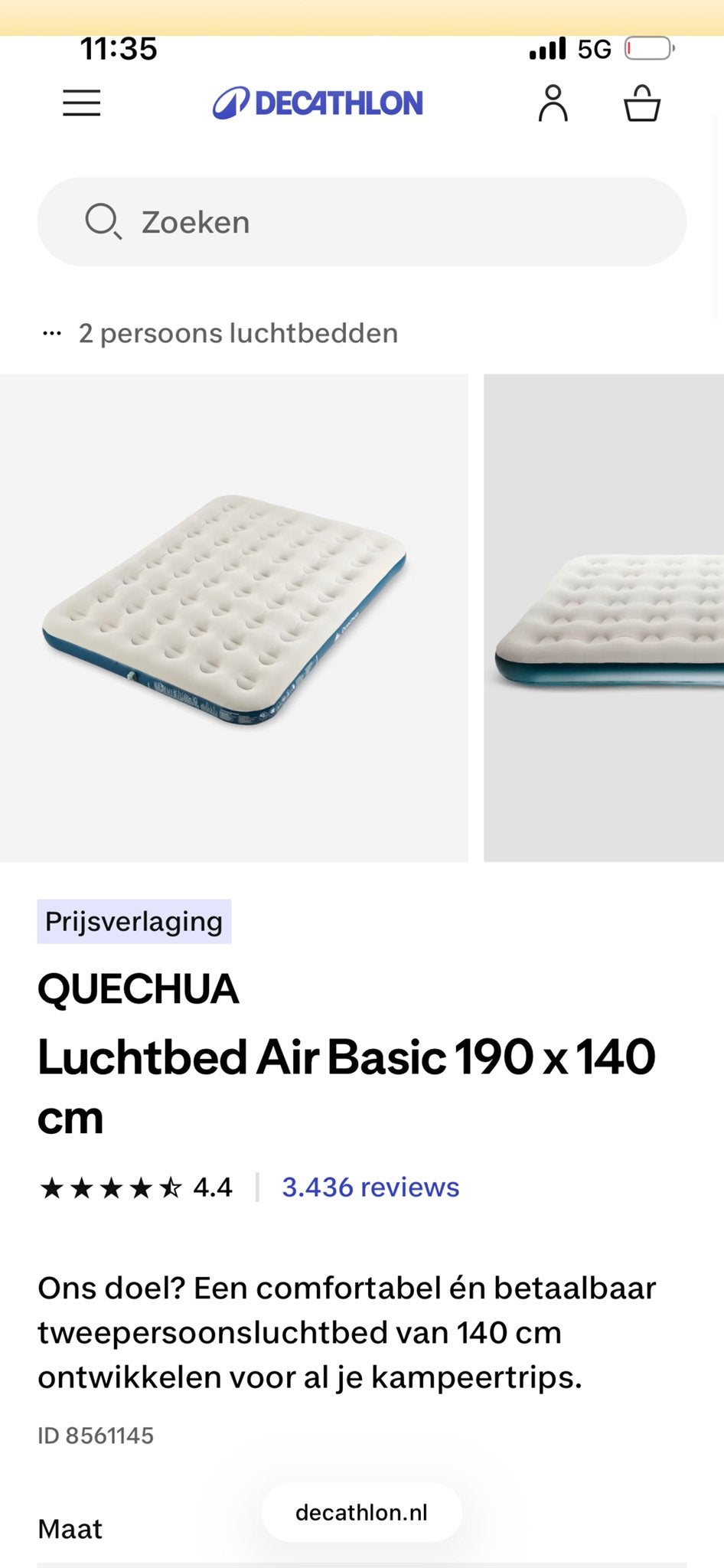 QUECHUA Luchtbed Air Basic 190 x 140 cm, Ophalen, Gebruikt, 2-persoons