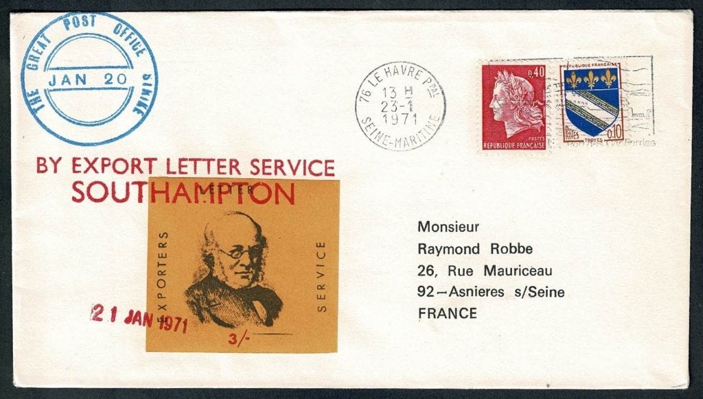 Frankrijk : Export Letter Service Southampton - 23.1.1971, Postzegels en Munten, Brieven en Enveloppen | Buitenland, Verzenden