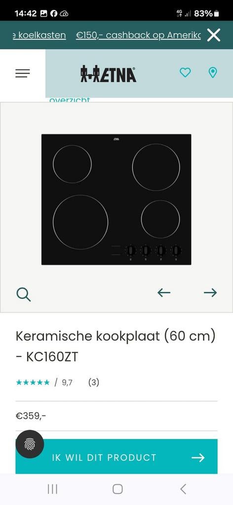 Nieuw in doos ETNA Keramische kookplaat (60 cm) - KC160ZT, Ophalen, Keramisch, 4 kookzones, Zo goed als nieuw