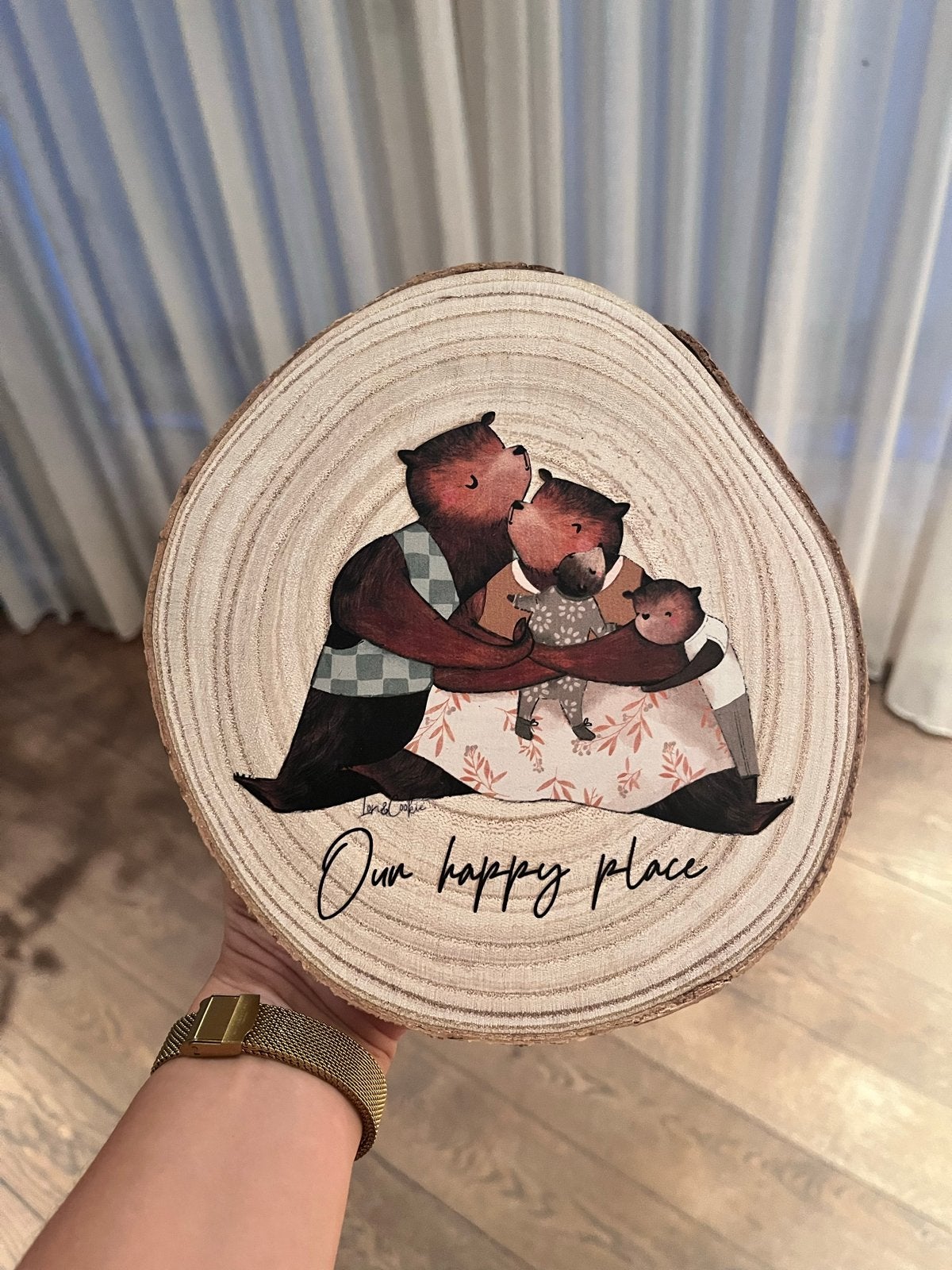 Geïllustreerd boomstammetje met berenfamilie, Hout, Meerkleurig, Ophalen of Verzenden, Landelijk