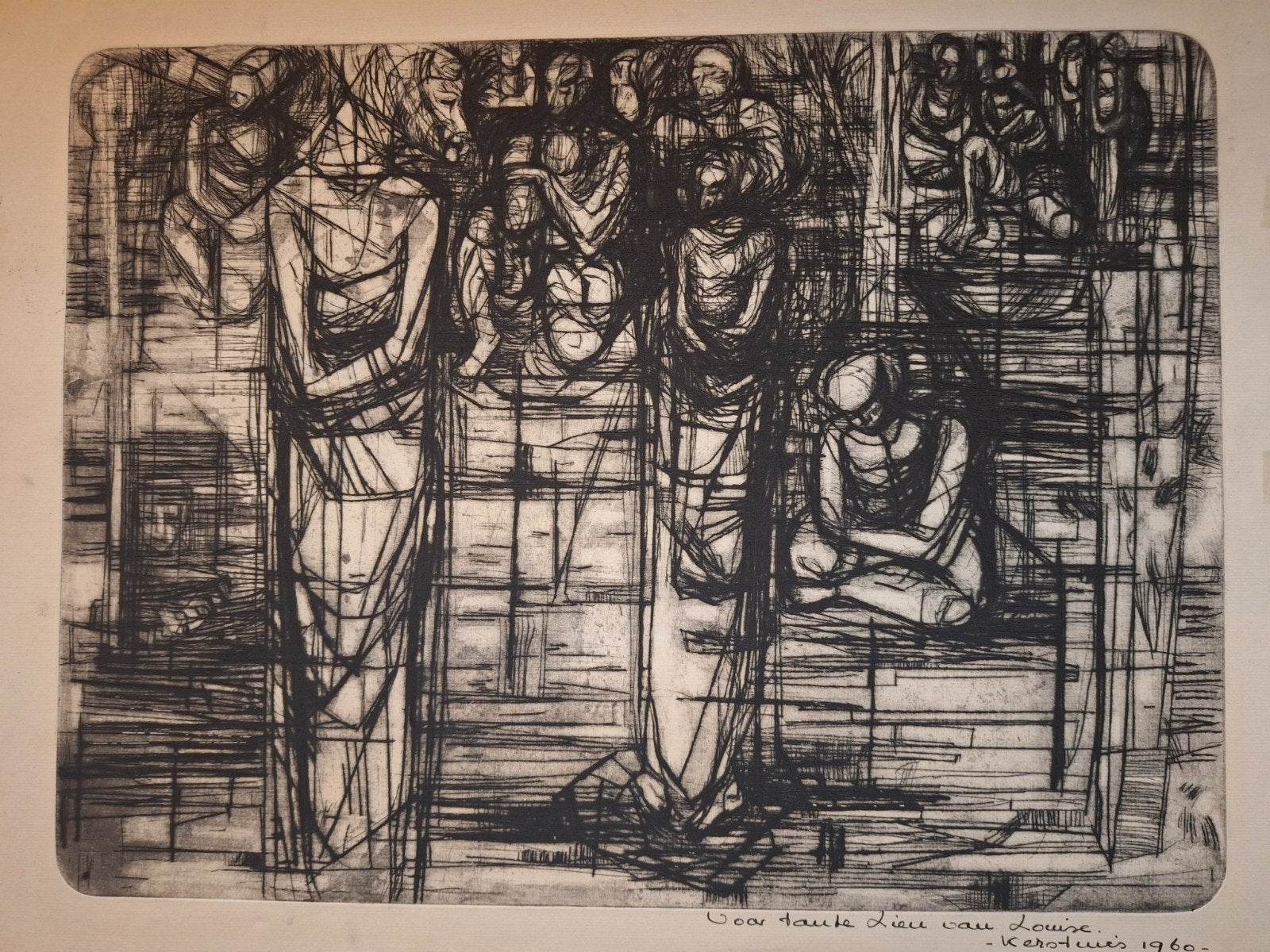 Abstracte ets 'Deur' door Louise Stout, 1960, Ophalen of Verzenden, Ets, Origineel, 1950 - 1999