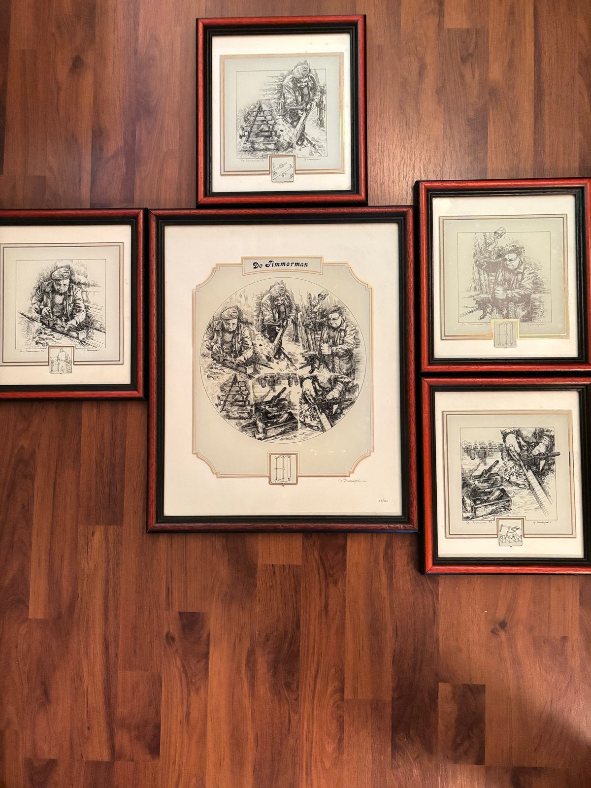 Set van 5 Glasgravures 'De Timmerman' door G. Swaenepoel, Antiek en Kunst, Dagelijks leven, 1950 - 1999, Overige technieken, Ophalen of Verzenden