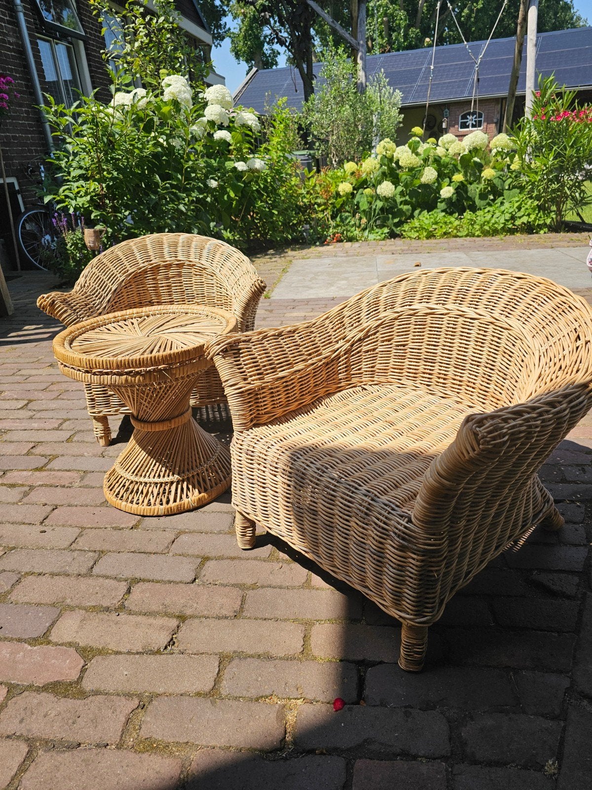 Rotan kinderstoeltjes met tafeltje, Huis en Inrichting, Stoelen, Gebruikt, Twee, Overige kleuren, Riet of Rotan
