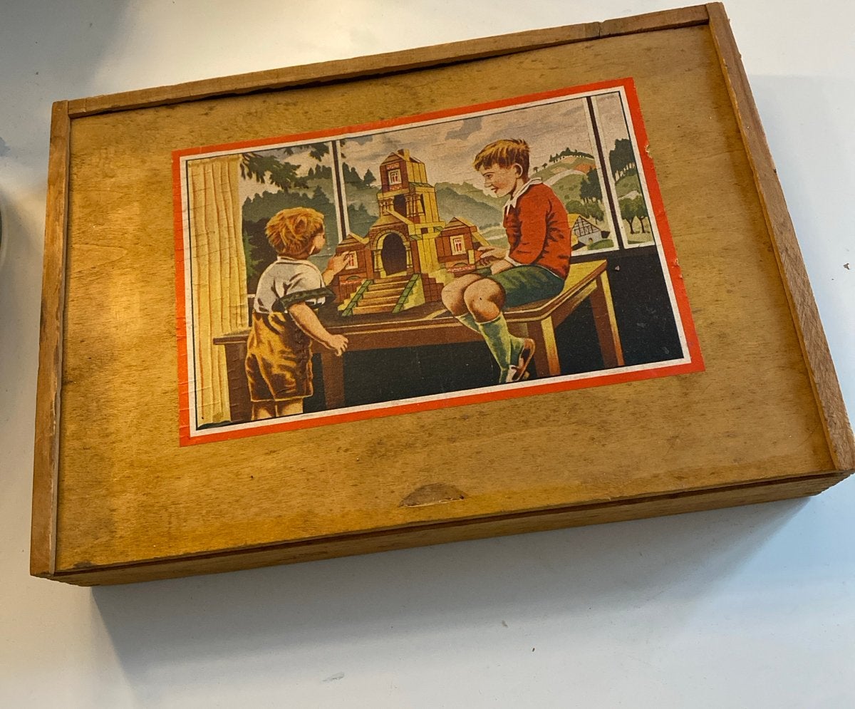Vintage houten bouwblokken set in kist, Ophalen of Verzenden, Gebruikt, Overige typen