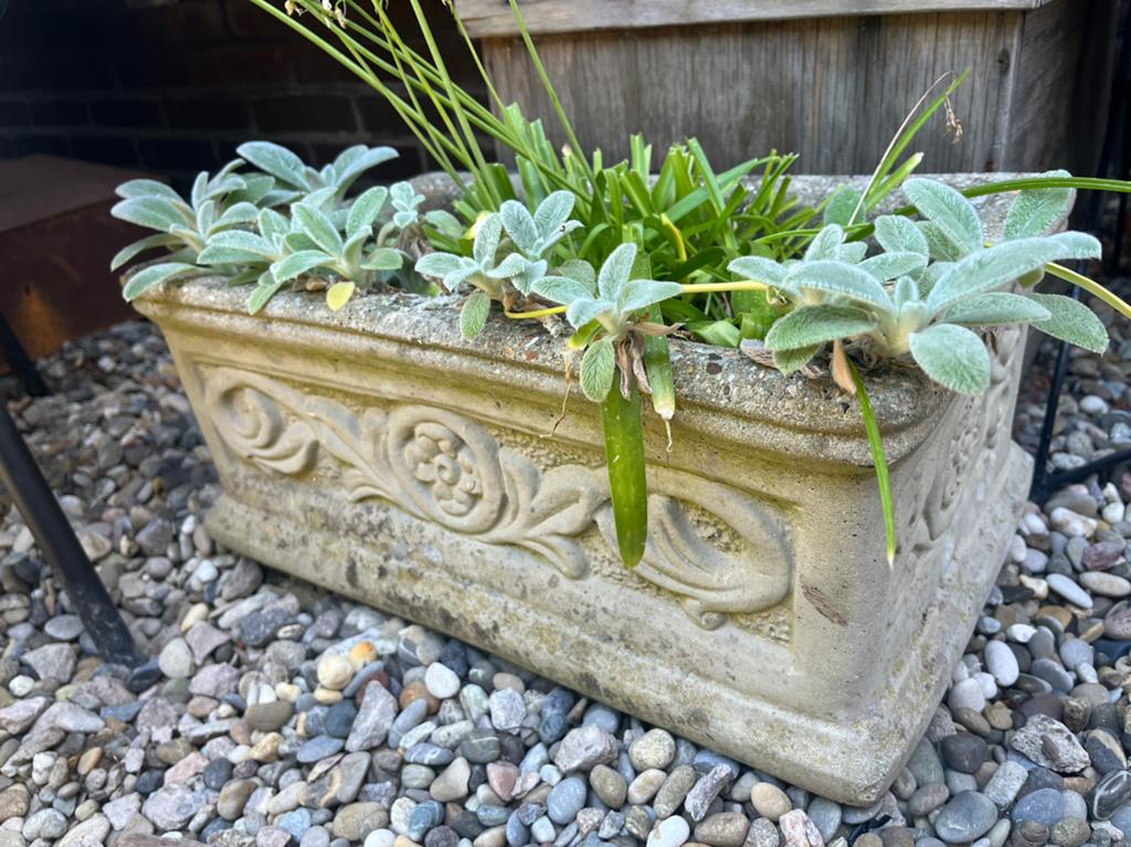 Mooie betonnen plantenbak met decoratie erop, Ophalen, Minder dan 30 cm, Minder dan 60 cm, Zo goed als nieuw