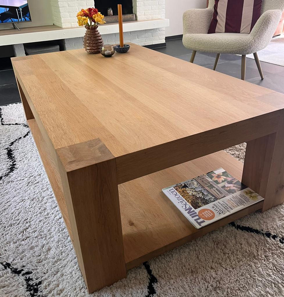 Blank eikenhouten salontafel, Ophalen, 100 tot 150 cm, Eikenhout, 50 tot 100 cm
