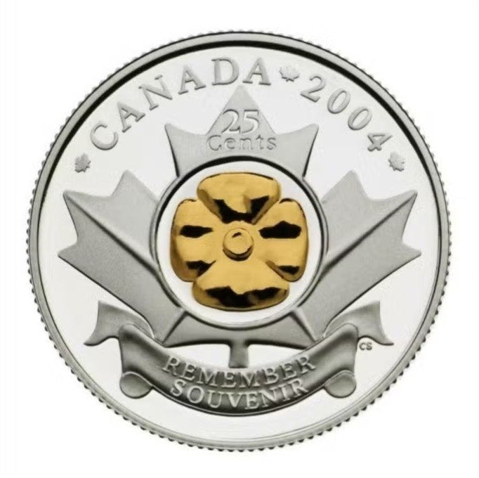 Canada 25 Cents Poppy Gold Plated Proof Sterling Silver 2004, Verzenden, Noord-Amerika, Losse munt, Goud