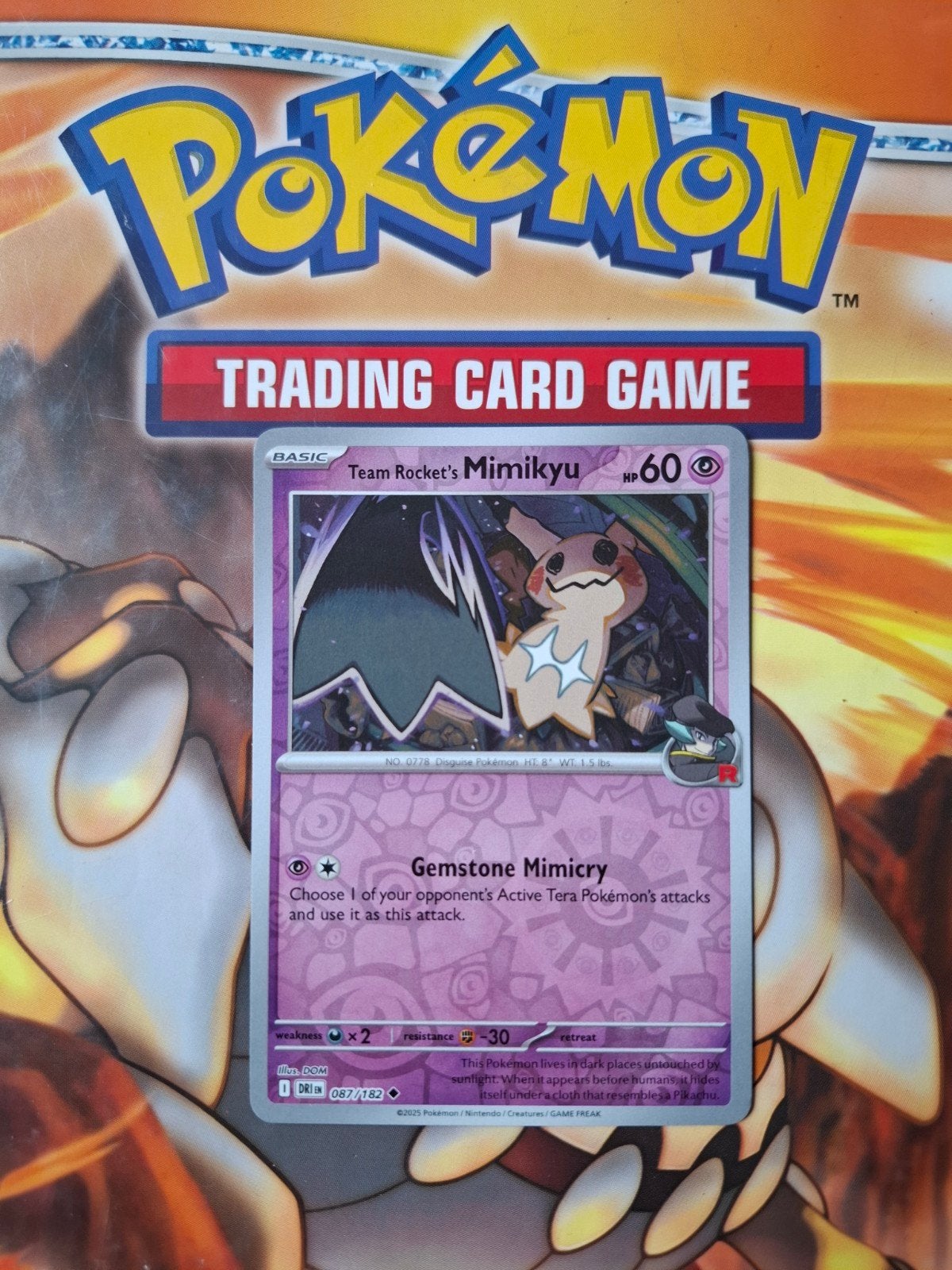 Team rocket's Mimikyu 087/182 Destined Rivals reverse holo, Ophalen of Verzenden, Zo goed als nieuw, Losse kaart, Foil