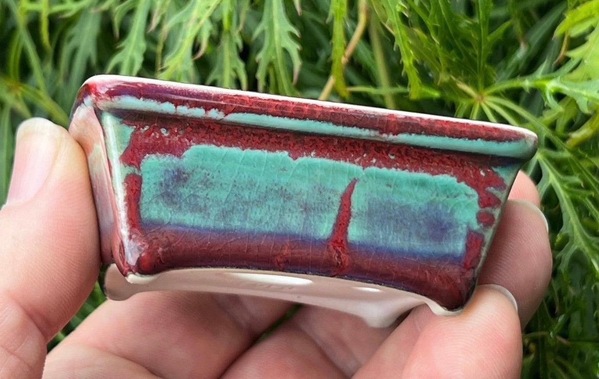 Bonsai schaal handgemaakt Bordeaux- Turquoise 7,5x6,1x3, Nieuw, Ophalen of Verzenden, Aardewerk, Rechthoekig