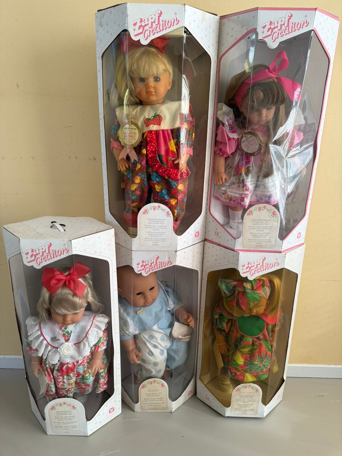 Set van 5 grote vintage Zapf Creation poppen in doos | Nieuw, Ophalen of Verzenden, Nieuw, Pop