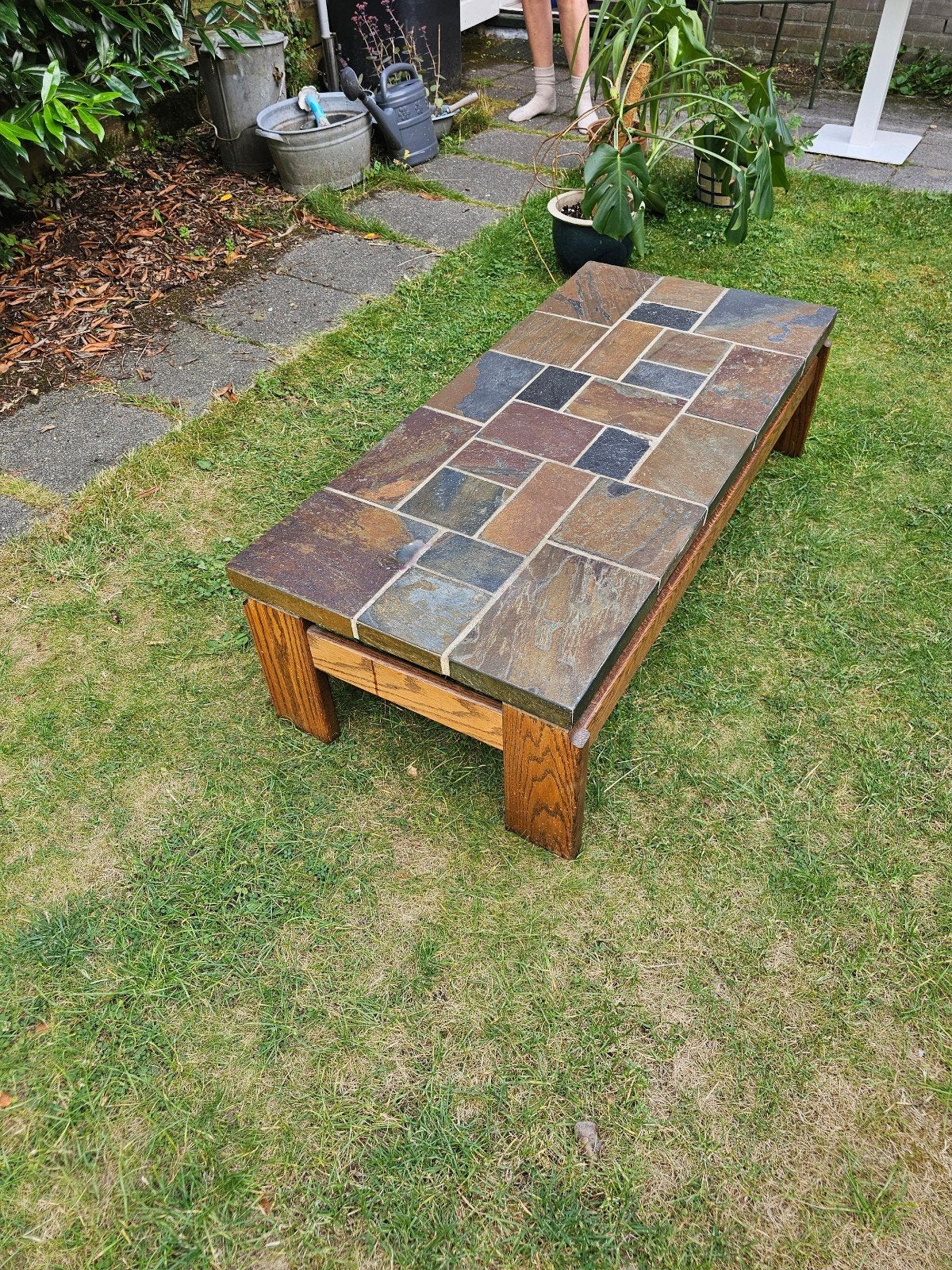 Vintage Salontafel met natuurstenen blad, Ophalen, Gebruikt, Overige materialen, 100 tot 150 cm