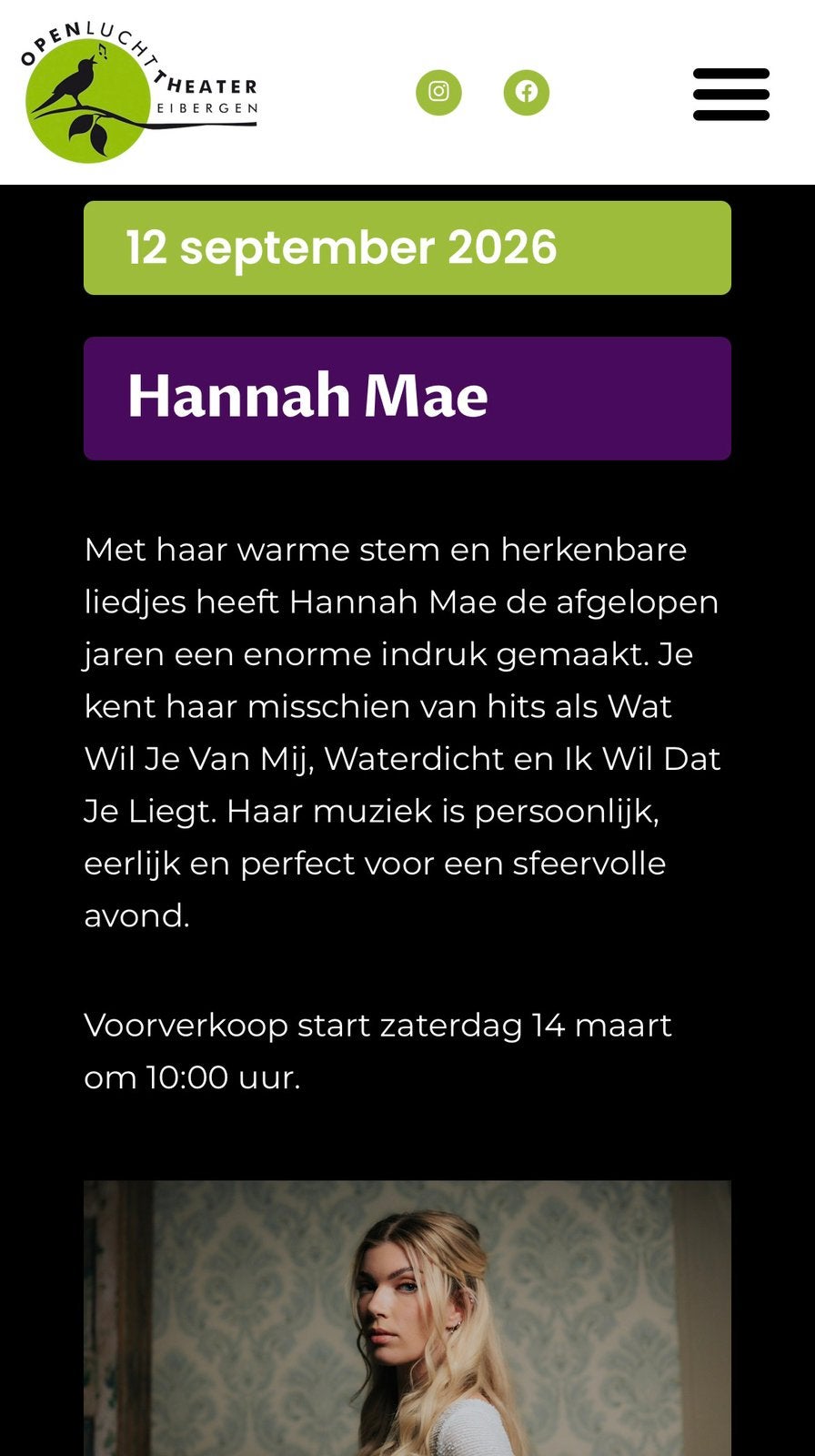 Twee tickets voor openlucht concert Hanna Mae op 12 sept, Twee personen, Overige soorten