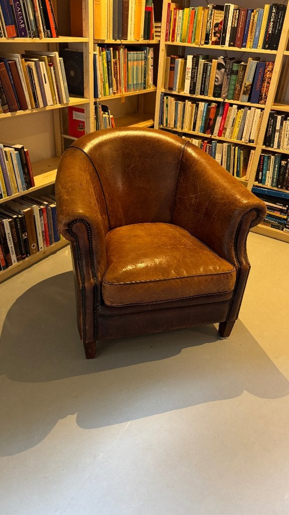 Engelse Rundleren Clubfauteuil, Ophalen, Gebruikt, 100 tot 125 cm, Leer