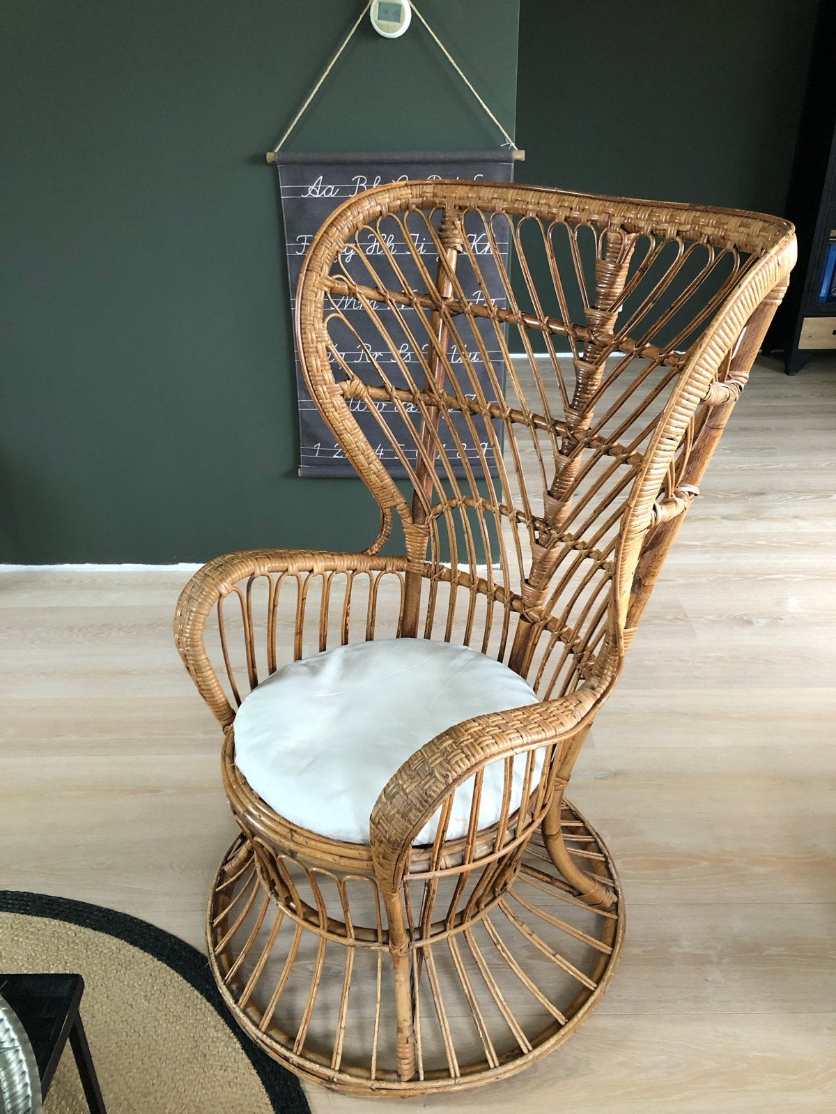 Rotan stoel met kussen, Huis en Inrichting, Stoelen, Ophalen, Gebruikt, Bruin, Riet of Rotan