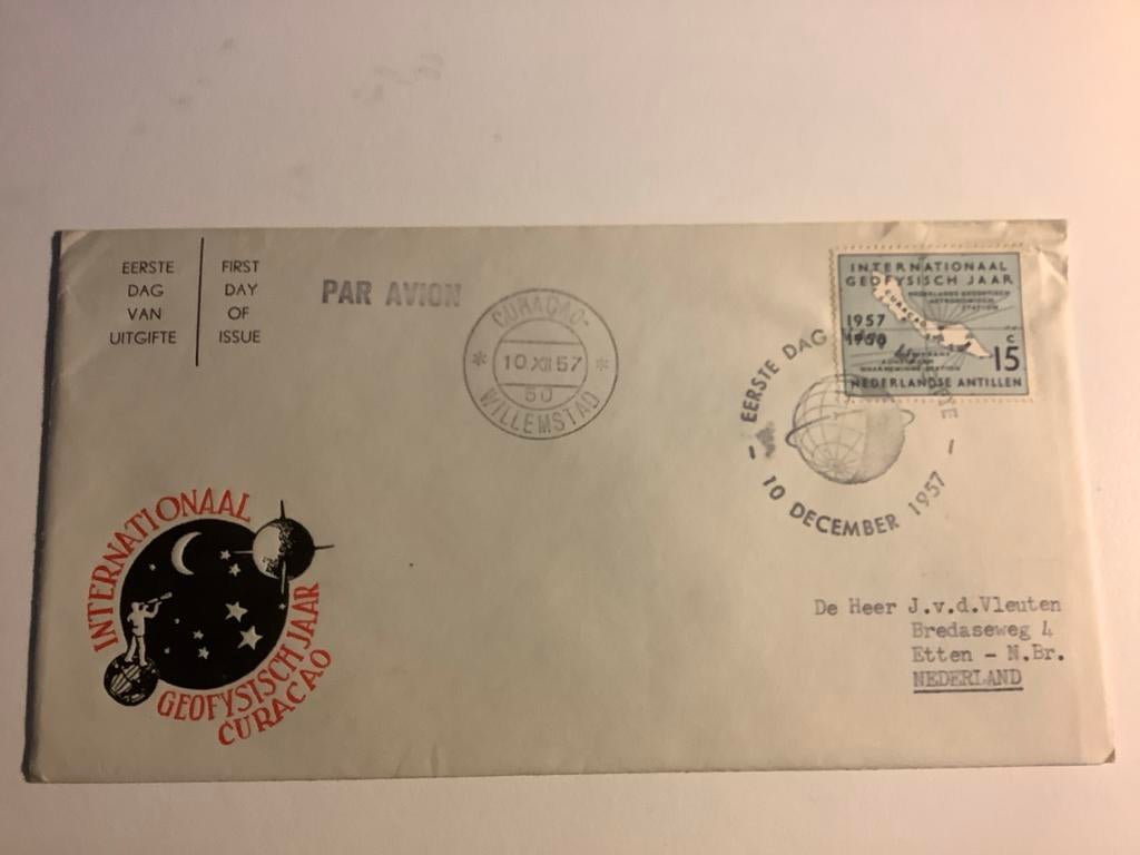 FDC Internationaal Geofysisch Jaar Curaçao, Postzegels en Munten, Postzegels | Eerstedagenveloppen, Ophalen of Verzenden