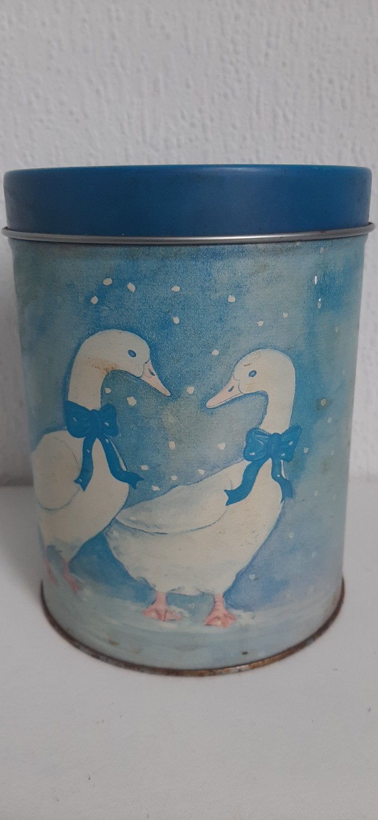 Vintage blikken trommel met eenden., Ophalen of Verzenden, Gebruikt, Koek(jes), Overige merken