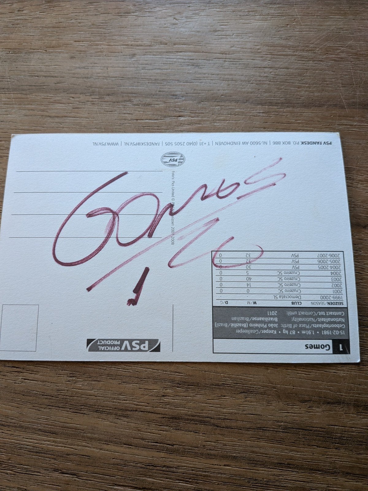 Gesigneerde PSV Spelerskaart Gomes - Keeper, Ophalen of Verzenden, Zo goed als nieuw, PSV, Spelerskaart