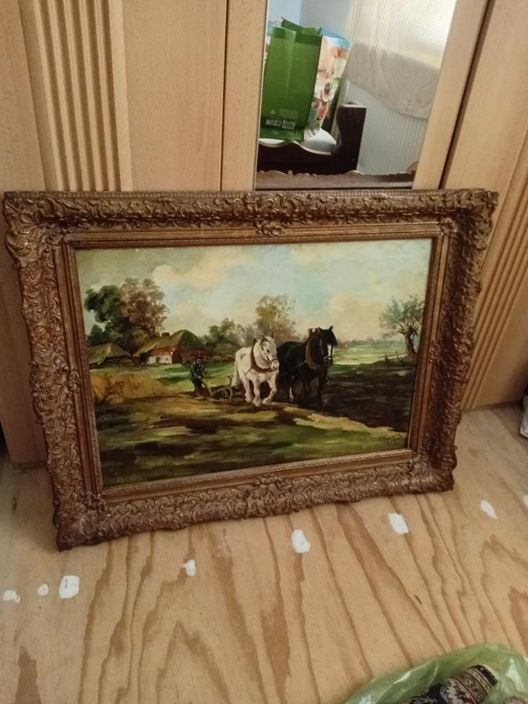Oud schilderij: Ploegende boer met paarden, Antiek en Kunst, Kunst | Schilderijen | Klassiek, Ophalen