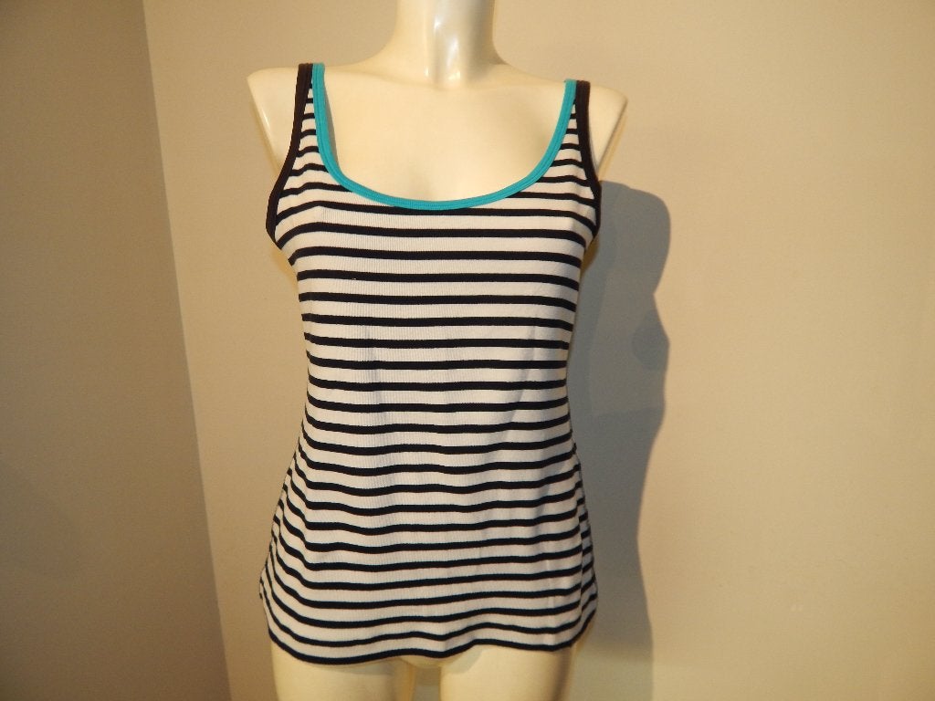Marccain basis top zwart wit gestreept turquoise accent N6, Maat 42/44 (L), Zo goed als nieuw, Zonder mouw, Marccain