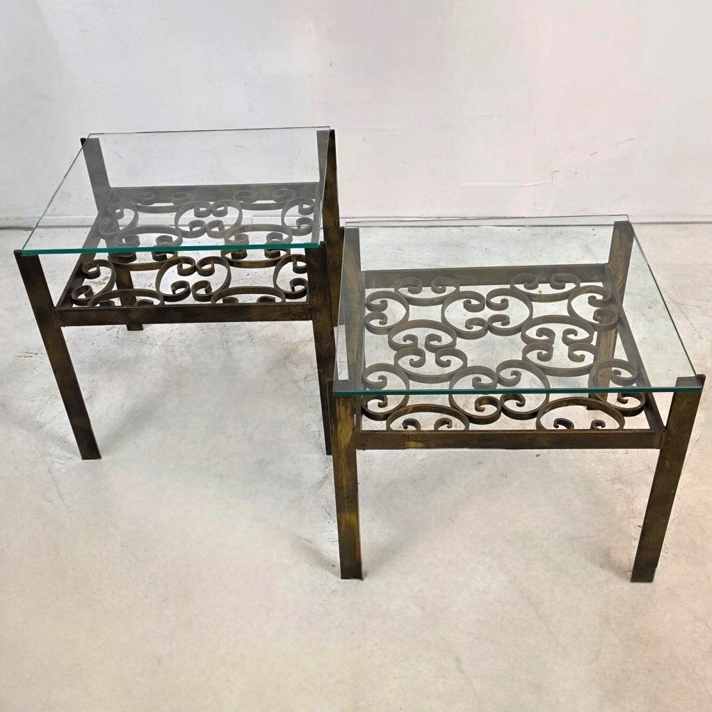 Set van 2 vintage smeedijzeren bijzettafels 70s Hollywood, Minder dan 55 cm, Gebruikt, Metaal of Aluminium, Vierkant