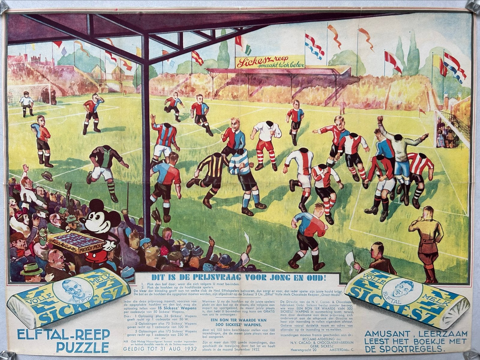 Zeldzame Sickesz Elftal-Reep Puzzle reclameposter 1932, Ophalen of Verzenden, Gebruikt, Reclamebord