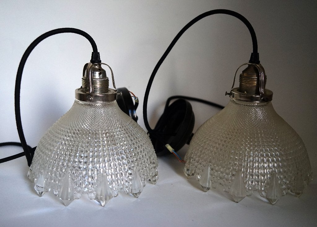 duo vintage antiek holophane hanglamp glas zwart stof snoer., Antiek en Kunst, Ophalen of Verzenden